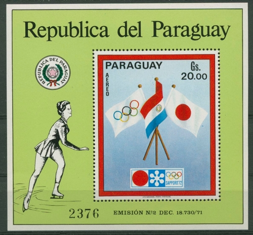 Paraguay 1972 Olympiade Sapporo Flaggen Block 178 postfrisch (C19587)