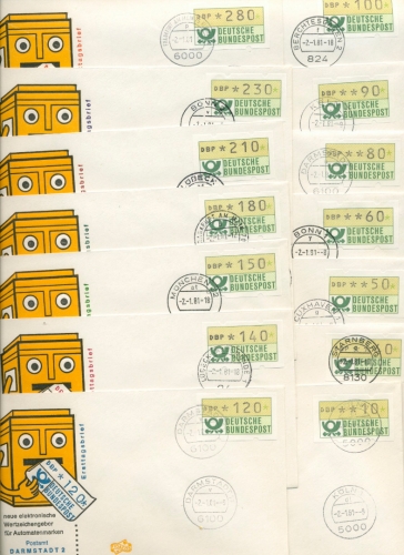 Bund 1981 ATM mit Tages-Ersttagsst. der versch. Aufstellorte, KW 200.- (XL5521)