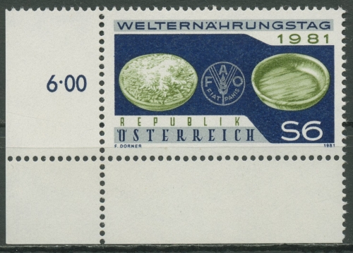 Österreich 1981 Welternährungstag FAO-Emblem 1686 Ecke postfrisch