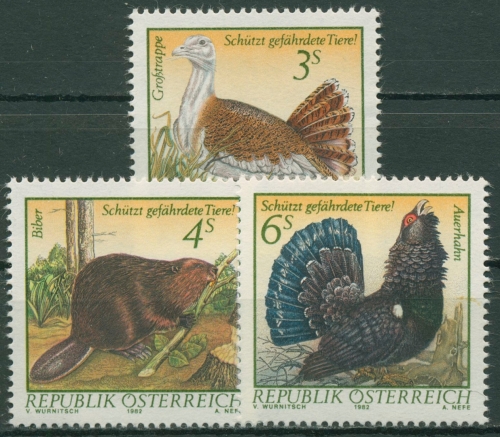 Österreich 1982 Tiere Wildtiere Großtrappe Biber Auerhahn 1717/19 postfrisch