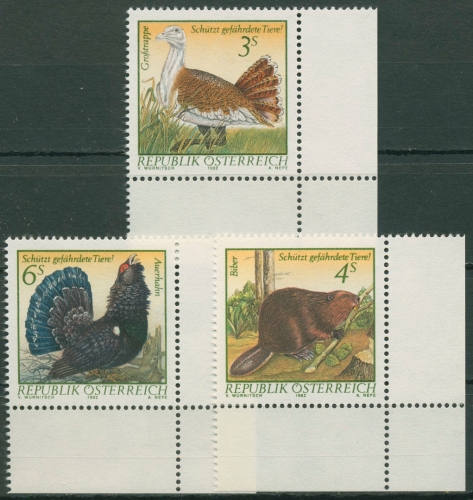 Österreich 1982 Tiere Wildtiere Großtrappe Biber Auerhahn 1717/19 Ecke postfri.