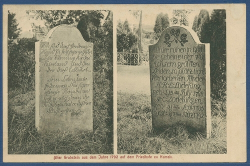 Alter Grabstein auf dem Friedhof in Hameln, gelaufen 1908 (AK3909)