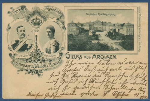 Gruß aus Arolsen Fürstliches Residenzschloß, gelaufen 1899 Marke fehlt (AK3906)