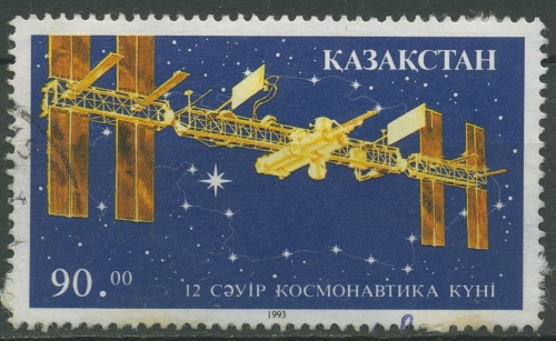 Kasachstan 1993 Tag der Kosmonautik Raumstation 27 gestempelt, kleine Mängel