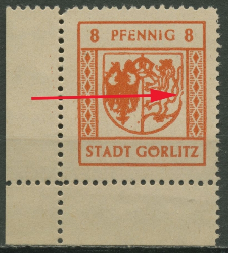Görlitz 1945 Freimarke 2. Ausgabe Spargummi Plattenfehler 7 x I Ecke postfrisch