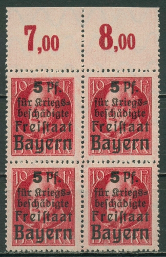 Bayern 1919 Hilfe für Kriegsbeschädigte 171 A 4er-Block Oberrand postfrisch