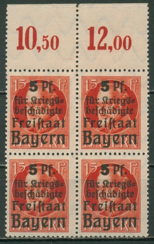 Bayern 1919 Hilfe für Kriegsbeschädigte 172 A 4er-Block Oberrand postfrisch