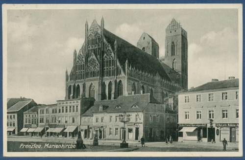 Prenzlau Königstraße mit Marienkirche Geschäfte, gelaufen 1931 (AK3932)