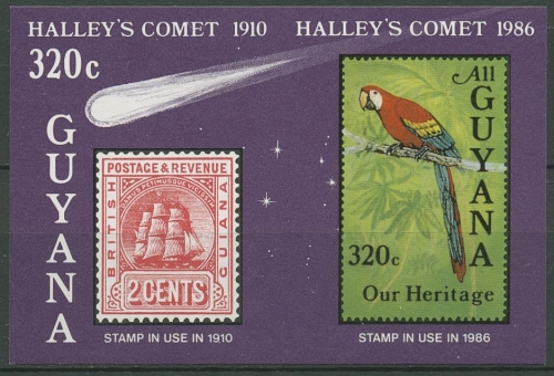 Guyana 1986 Halleyscher Komet Fregatte Papagei Block 13 B postfrisch (C97347)