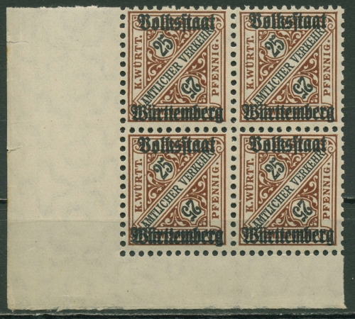 Württemberg Dienstmarken 1919 mit Aufdruck 265 4er-Block, Ecke 3 postfrisch