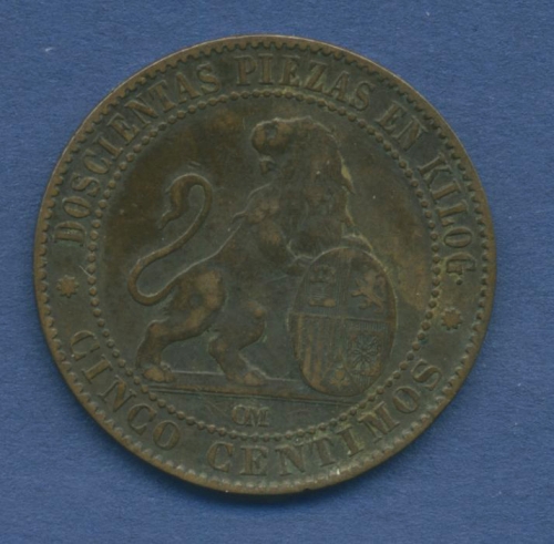 Spanien 5 Centimos 1870 OM Provisorische Regierung KM 662 fast ss (m1057)