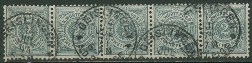 Württemberg 1894 weiße Ziffern im Kreis 60 5er-Streifen gestempelt