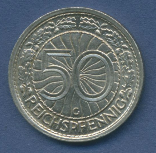 Deutsches Reich 50 Pfennig 1936 G, Kursmünze Nickel J 324 vz+ (m1118)