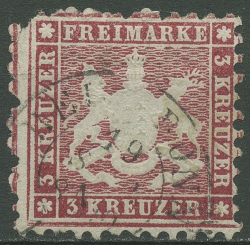 Württemberg 1863 Wappen 3 Kreuzer 26 c gestempelt geprüft, Zahnfehler