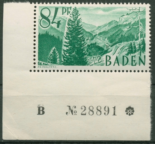 Franz. Zone: Baden 1947 Höllental mit Bogennummer 12 yv Bg.-Nr. postfr., bügig