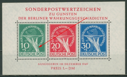 Berlin 1949 Währungsgeschädigte mit Plattenfehler Block 1 III postfrisch geprüft