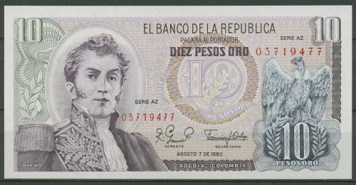 Kolumbien 10 Pesos 7.8.1980, KM 407 g kassenfrisch (K541)