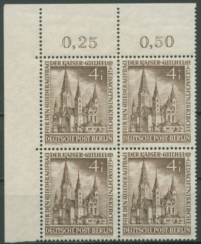 Berlin 1953 Kaiser-Wilhelm-Gedächtniskirche 106 4er-Block Ecke 1 postfrisch