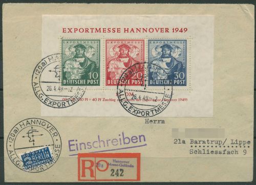 Bizone 1949 Exportmesse Hannover Block 1 mit Sonderstempel auf R-Brief (T19639)