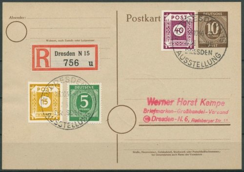 SBZ Ost-Sachsen Freimarke mit Plattenfehler 50 IV auf R-Ortskarte (G3135)