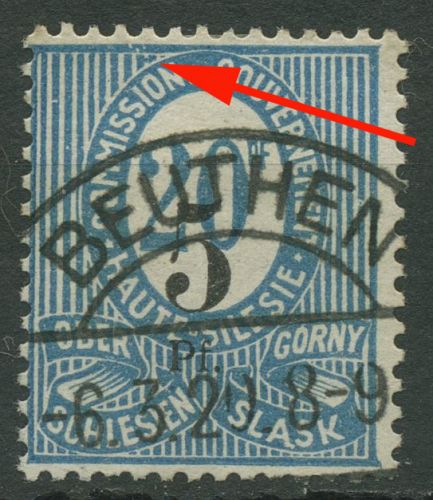 Oberschlesien 1920 Ziffer mit Aufdruck mit Plattenfehler 10 XV gestempelt