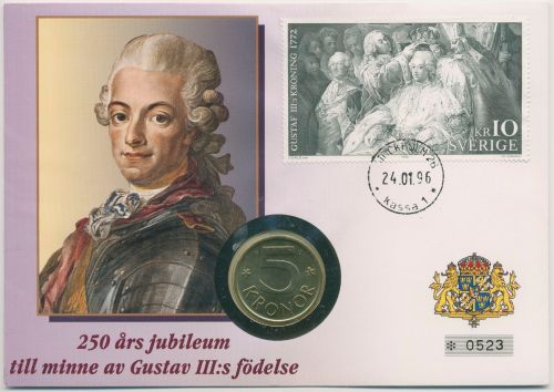 Schweden 1996 König Gustav III. Numisbrief 5 Kronen (N220)