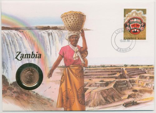 Sambia 1992 Bergbau Wasserfall Numisbrief 2 Ngwee (N340)