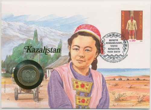 Kasachstan 1992 Trachten Folklore Numisbrief mit 100 Rubel Russland (N540)
