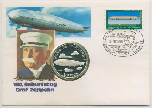 Kuba 1988 Luftschiff Graf Zeppelin Numisbrief 5 Pesos Silber, KM 220.1 (N563)