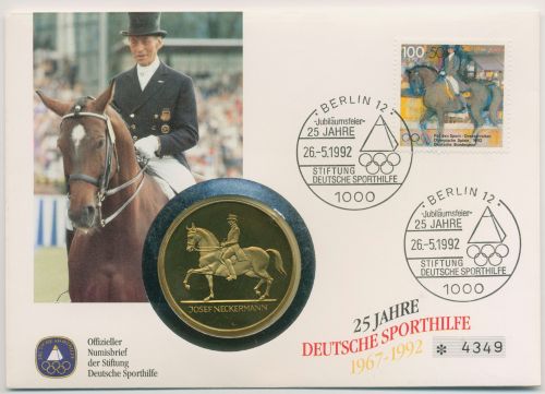 Bund 1992 Sporthilfe Reiten J.Neckermann Numisbrief mit Medaille (N608)