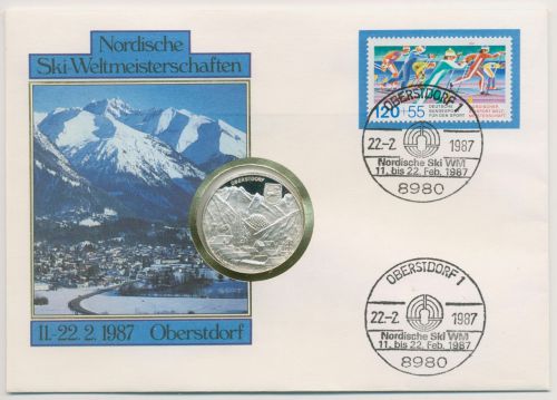 Bund 1987 Sporthilfe Ski-WM Oberstdorf Numisbrief mit Medaille (N628)