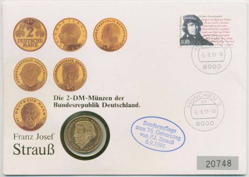 Bund 1991 2 DM Münzen Franz Josef Strauß Numisbrief 2 DM (N632)
