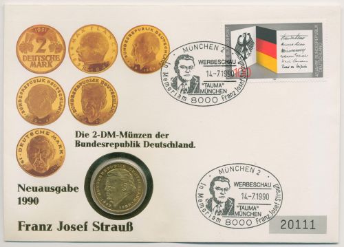 Bund 1990 2 DM Münzen Franz Josef Strauß Numisbrief 2 DM (N633)