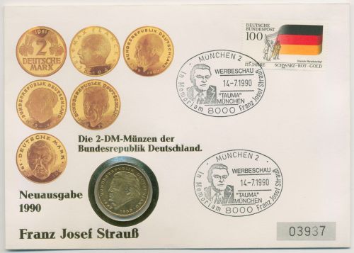 Bund 1990 2 DM Münzen Franz Josef Strauß Numisbrief 2 DM (N634)
