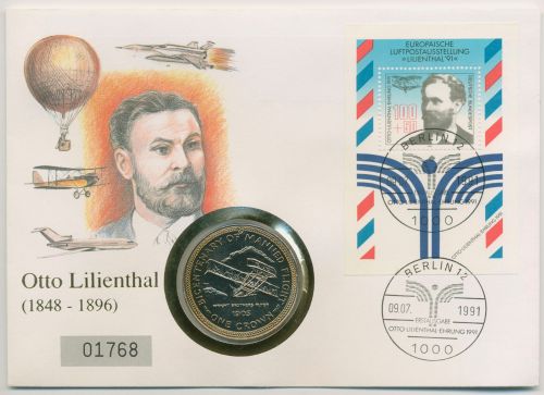 Bund 1991 Luftfahrt Otto Lilienthal Numisbrief mit 1 Crown Insel Man (N637)