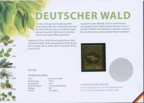 Deutscher Wald Fichte, motivgleiche Sonderprägung 24 Karat vergoldet (G9745)