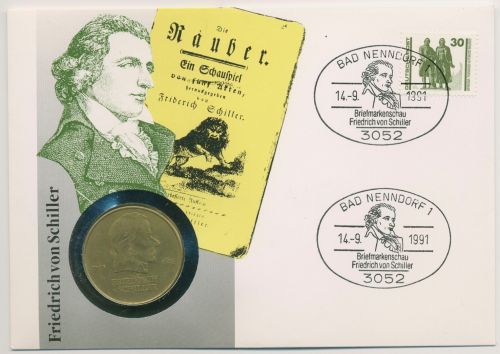 Bund 1991 Friedrich Schiller Die Räuber Numisbrief mit 20 Mark DDR (N683)