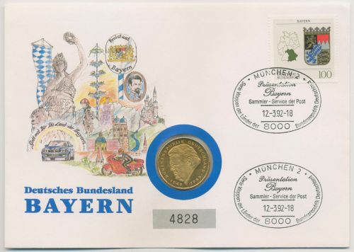Bund 1992 Bundesland Bayern Numisbrief 2 DM vergoldet (N689)