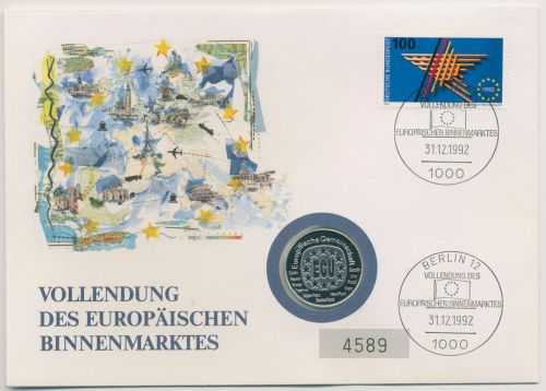 Bund 1992 Europäischer Binnenmarkt Numisbrief 1 ECU H.-D. Genscher (N691)