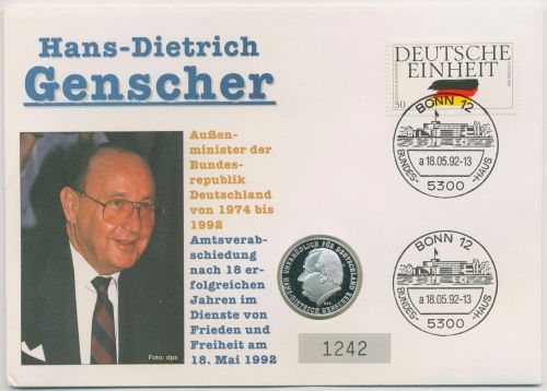 Bund 1992 Hans-Dietrich Genscher Numisbrief 1 ECU (N692)