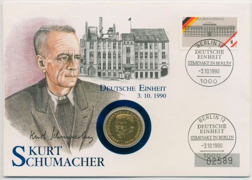 Berlin 1990 Kurt Schumacher Numisbrief 2 DM vergoldet (N714)