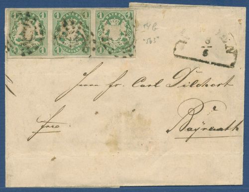Bayern 1867 Faltbrief mit Dreierstreifen 1 Kreuzer 14 b, geprüft (X40191)