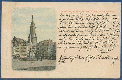 Dresden Altmarkt mit Siegesdenkmal und Kreuzkirche, gelaufen 1899 (AK4047)