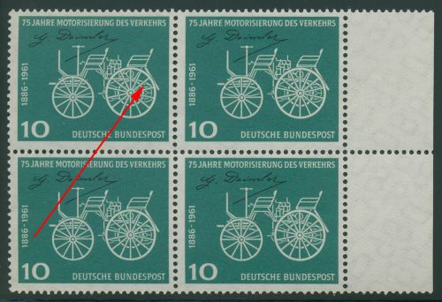 Bund 1961 Motorwagen von Daimler mit Plattenfehler 363 f 19 4er-Block postfrisch