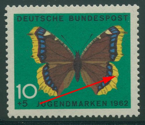 Bund 1962 Jugend Schmetterlinge mit Plattenfehler 377 f 10 postfrisch