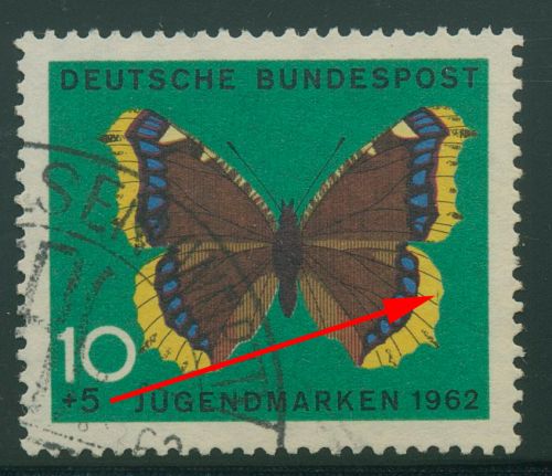 Bund 1962 Jugend Schmetterlinge mit Plattenfehler 377 f 10 gestempelt