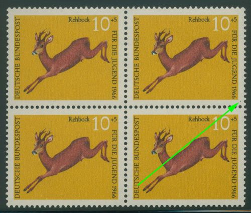 Bund 1966 Jugend: Hochwild Reh mit Plattenfehler 511 I 4er-Block postfrisch