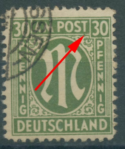 Bizone 1945 AM POST Dt. Druck mit Plattenfehler 29c Az f 32 C gestempelt (R7788)