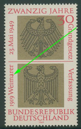 Bund 1969 20 Jahre BRD mit Plattenfehler 585 f 24 postfrisch