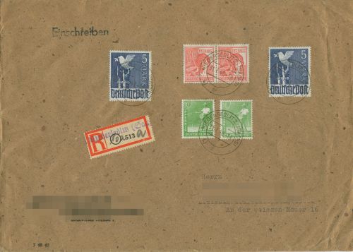 SBZ Allg. Ausgabe 1948 10fach-Frankatur SBZ Einschreibebrief (X19751)
